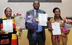 The 2019 African Teacher Prize winners; Right to Left: Ms Augusta Lartey-Young (Ghana), Mr. Eric Ademba (Kenya) and Sister Gladyce Kachope (Uganda);