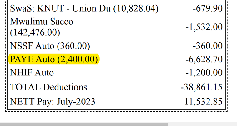 A payslip for a Kenyan Teacher employed by the Teachers Service Commission, TSC.